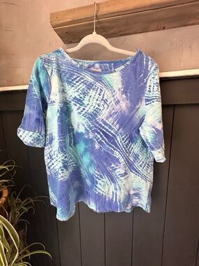 Chico's Women's Teal Blue White Tie-Dye Top size 2